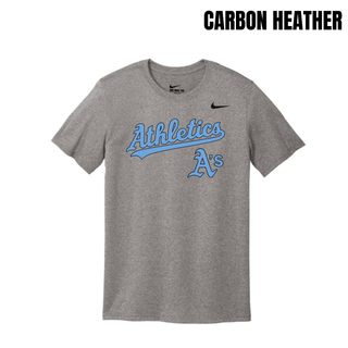 Carbon Heather Prime Athletics Baseball Script Logo Men's rLegend Tee with a cursive Athletics script wordmark in light blue above a smaller A's logo