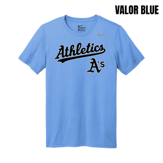 Valor Blue Prime Athletics Baseball Script Logo Men's rLegend Tee with a cursive Athletics script wordmark in black above a smaller A's logo