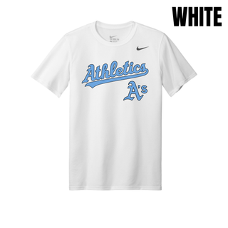 White Prime Athletics Baseball Script Logo Men's rLegend Tee with a cursive Athletics script wordmark in light blue above a smaller A's logo