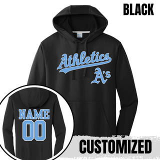 Black Prime Athletics Baseball Script Logo Performance Fleece Hoodie with Athletics in light blue script lettering and a smaller A's mark below, back customizable with name and number