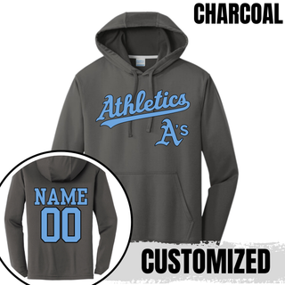 Charcoal Prime Athletics Baseball Script Logo Performance Fleece Hoodie with Athletics in light blue script lettering and a smaller A's mark below, back customizable with name and number