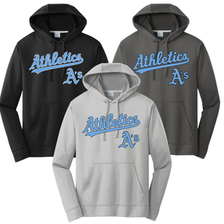 Prime Athletics Baseball Script Logo Performance Fleece Hoodie color options: Black, Charcoal, and Silver, each with the Athletics script lettering design