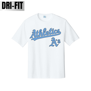 White Prime Athletics Baseball Script Logo Performance Top with "Athletics" script lettering and small A's mark
