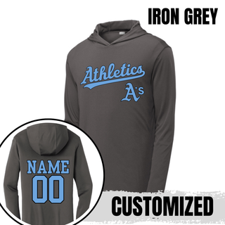 Iron Grey Prime Athletics Baseball Script Logo PosiCharge Competitor Hoodie with "Athletics" script lettering and customizable back name and number