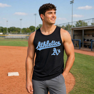 Man wearing a Black Prime Athletics Baseball Script Logo PosiCharge Competitor Tank with "Athletics" script lettering, on a baseball field