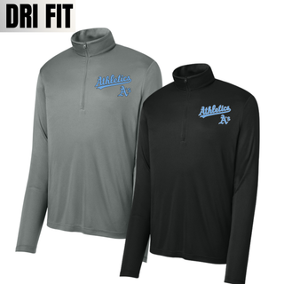 Prime Athletics Baseball Script Logo PosiCharge Quarter-Zip in Grey Concrete and Black with "Athletics" script lettering and small A's mark