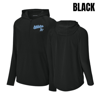 Prime Athletics Baseball Script Logo Repeat Half-Zip Hooded Jacket in Black, front and back view