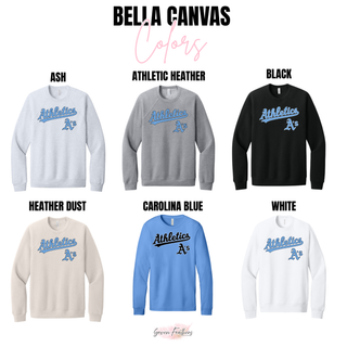 Prime Athletics Baseball Script Logo Bella Canvas sweatshirts and tees in Ash, Athletic Heather, Black, Heather Dust, Carolina Blue, and White