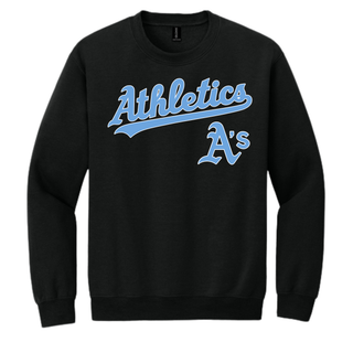 Black Prime Athletics Baseball Script Logo crewneck sweatshirt with "Athletics" script lettering and small A's mark on the chest