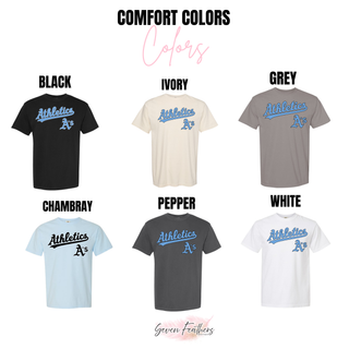 Prime Athletics Baseball Script Logo Comfort Colors tees in Black, Ivory, Grey, Chambray, Pepper, and White