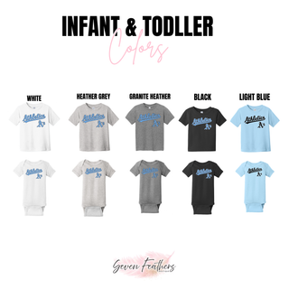 Prime Athletics Baseball Script Logo infant and toddler tees and onesies in White, Heather Grey, Granite Heather, Black, and Light Blue