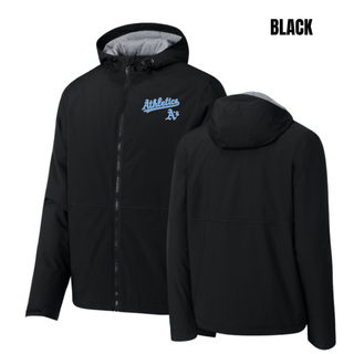 Prime Athletics Baseball Script Logo Waterproof Insulated Jacket in Black, front and back view