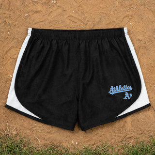 Black Prime Athletics Baseball Script Logo Women's Cadence Performance Shorts with white trim, flat lay showing "Athletics" script lettering and small A's mark