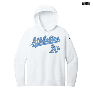 White Prime Athletics Baseball Script Logo Women's Club Fleece Pullover Hoodie with Athletics script and A's mark