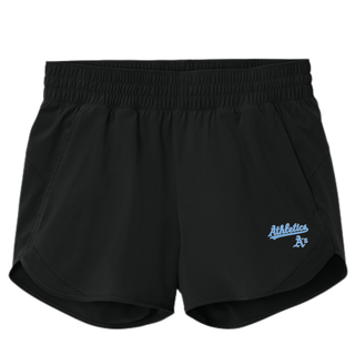 Black Prime Athletics Baseball Script Logo Women's Repeat Swift Short flat lay with "Athletics" script lettering and small A's mark