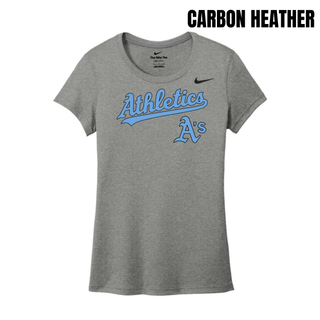 Carbon Heather Prime Athletics Baseball Script Logo Women's rLegend Tee with a cursive Athletics script wordmark in light blue above a smaller A's logo