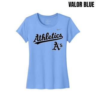Valor Blue Prime Athletics Baseball Script Logo Women's rLegend Tee with a cursive Athletics script wordmark in black above a smaller A's logo