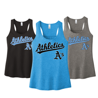 Prime Athletics Baseball Script Logo Women's V.I.T. Racerback Tanks in Black, Heathered Bright Turquoise, and Grey Frost