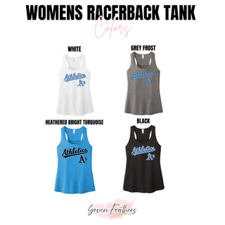 Color options for the Prime Athletics Baseball Script Logo Women's V.I.T. Racerback Tank in White, Grey Frost, Heathered Bright Turquoise, and Black
