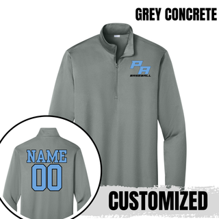Grey Concrete Prime Athletics Baseball Stacked PA Logo PosiCharge Quarter-Zip with the PA Baseball lettermark on the left chest and a customizable NAME/00 print on the back