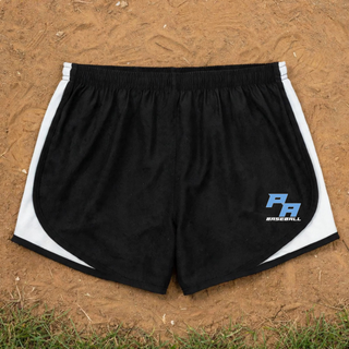 Black Prime Athletics Baseball Stacked PA Logo Women's Cadence Performance Shorts with white trim, shown flat