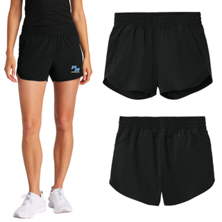 Model wearing the black Prime Athletics Baseball Stacked PA Logo Women's Repeat Swift Short