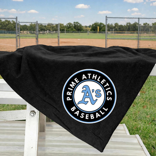 Black Prime Athletics Baseball stadium blanket with circle logo draped over baseball field bleachers