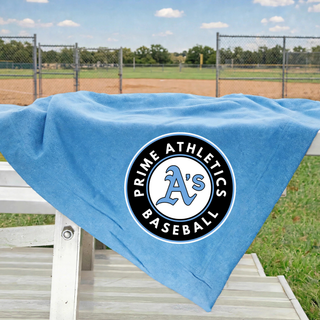 Carolina Blue Prime Athletics Baseball stadium blanket with circle logo draped over baseball field bleachers