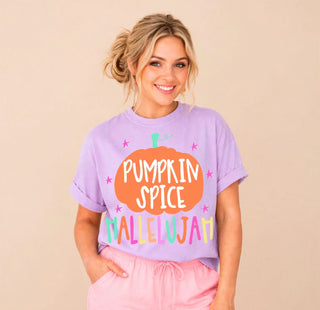 Female model wearing pumpkin spice hallelujah graphic tee in violet with colorful pumpkin design
