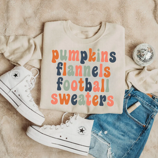 Sand crewneck with retro multicolor pumpkins flannels football sweaters wavy stacked lettering design
