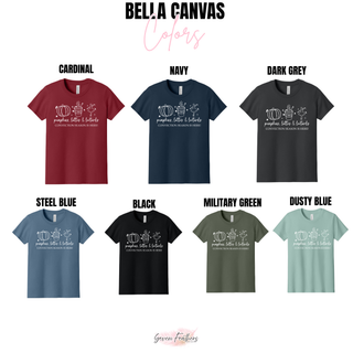 Bella Canvas color options including cardinal, navy, dark grey, steel blue, black, military green, and dusty blue