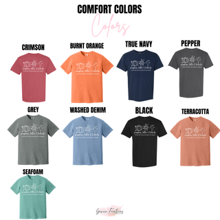 Comfort Colors options including crimson, burnt orange, true navy, pepper, grey, washed denim, black, terracotta, and seafoam