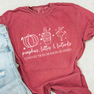 Crimson Comfort Colors top with pumpkins lattes and leotards fall dance design