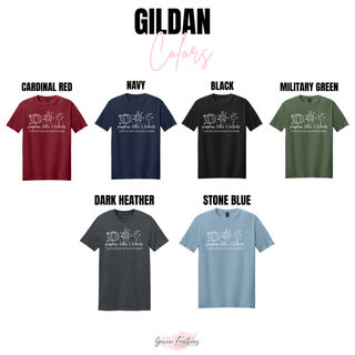 Gildan color options including cardinal red, navy, black, military green, dark heather, and stone blue
