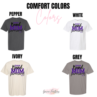 Comfort Colors color options for the Purple and Black Senior Band Mom 2027 shirt: pepper, white, ivory, and grey