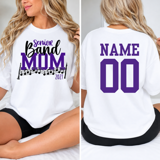 Purple and Black Senior Band Mom 2027 shirt, front view showing the Senior Band Mom design with music staff, clarinet, and oboe graphic, and back view showing Name and 00 jersey personalization