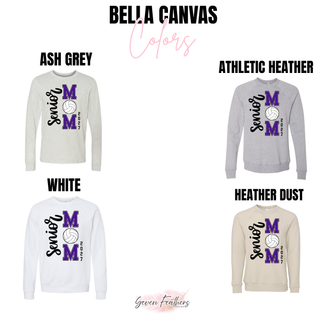 Purple and Black Senior Volleyball Mom 2027 Bella Canvas crewneck sweatshirt color options