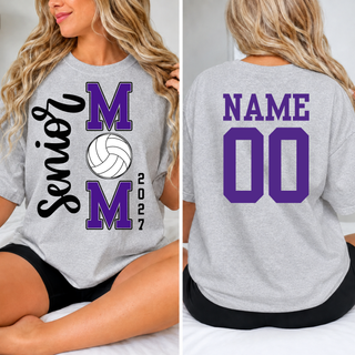 Purple and Black Senior Volleyball Mom 2027 shirt, front and back view with name and number personalization on back