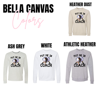 Bella Canvas crewneck color options in heather dust, ash grey, white, and athletic heather
