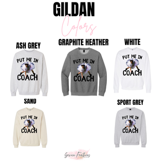 Gildan crewneck color options in ash grey, graphite heather, white, sand, and sport grey
