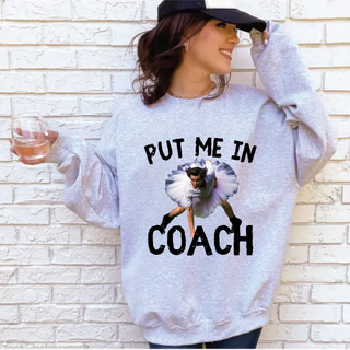 Sport grey crewneck sweatshirt with Put Me In Coach figure skater graphic
