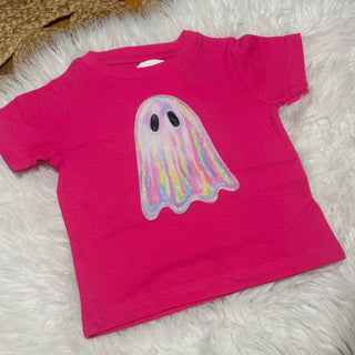 Hot pink toddler Halloween tee with sparkly rainbow ghost design, angled view, size 2T