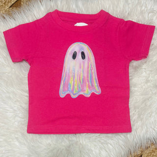 Hot pink toddler top with pastel rainbow ghost graphic, Halloween shirt for toddlers, size 2T