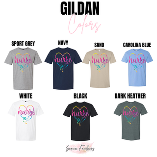 Rainbow Heart Nurse Gildan tee in sport grey, navy, sand, carolina blue, white, black, and dark heather
