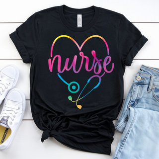 Rainbow Heart Nurse Graphic Top black tee with colorful rainbow gradient nurse heart stethoscope design
