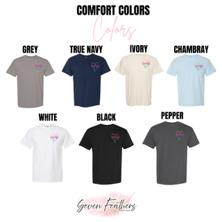 Rainbow Heart Nurse Pocket Comfort Colors tee in grey, true navy, ivory, chambray, white, black, and pepper
