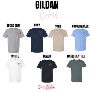 Rainbow Heart Nurse Pocket Gildan tee in sport grey, navy, sand, carolina blue, white, black, and dark heather
