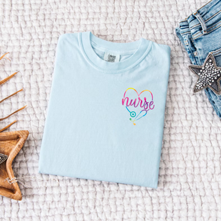 Rainbow Heart Nurse Pocket Graphic Top in chambray with rainbow gradient nurse heart stethoscope left chest design
