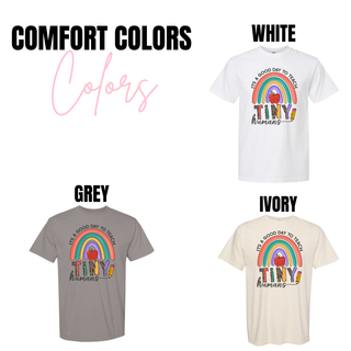 Comfort Colors Rainbow Tiny Humans tee in white, grey, and ivory with rainbow apple and leopard TINY humans design
