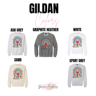 Gildan Rainbow Tiny Humans crewneck in ash grey, graphite heather, white, sand, and sport grey
